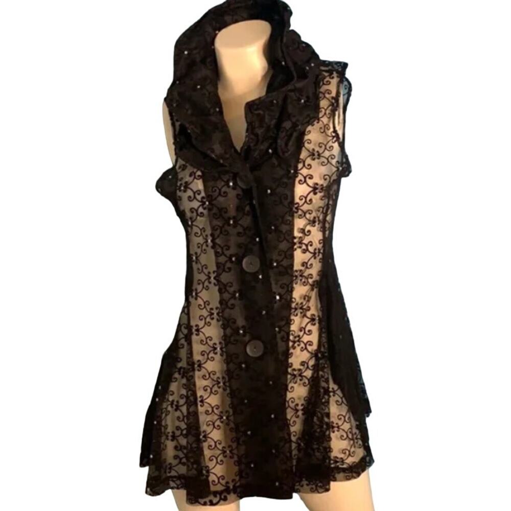Damee, Inc Vest Jacket Lace Sheer Rhinestones Wire Collar Medium Black